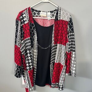 Alfred Dunner Red and Black Patchwork Cardigan with Black Top